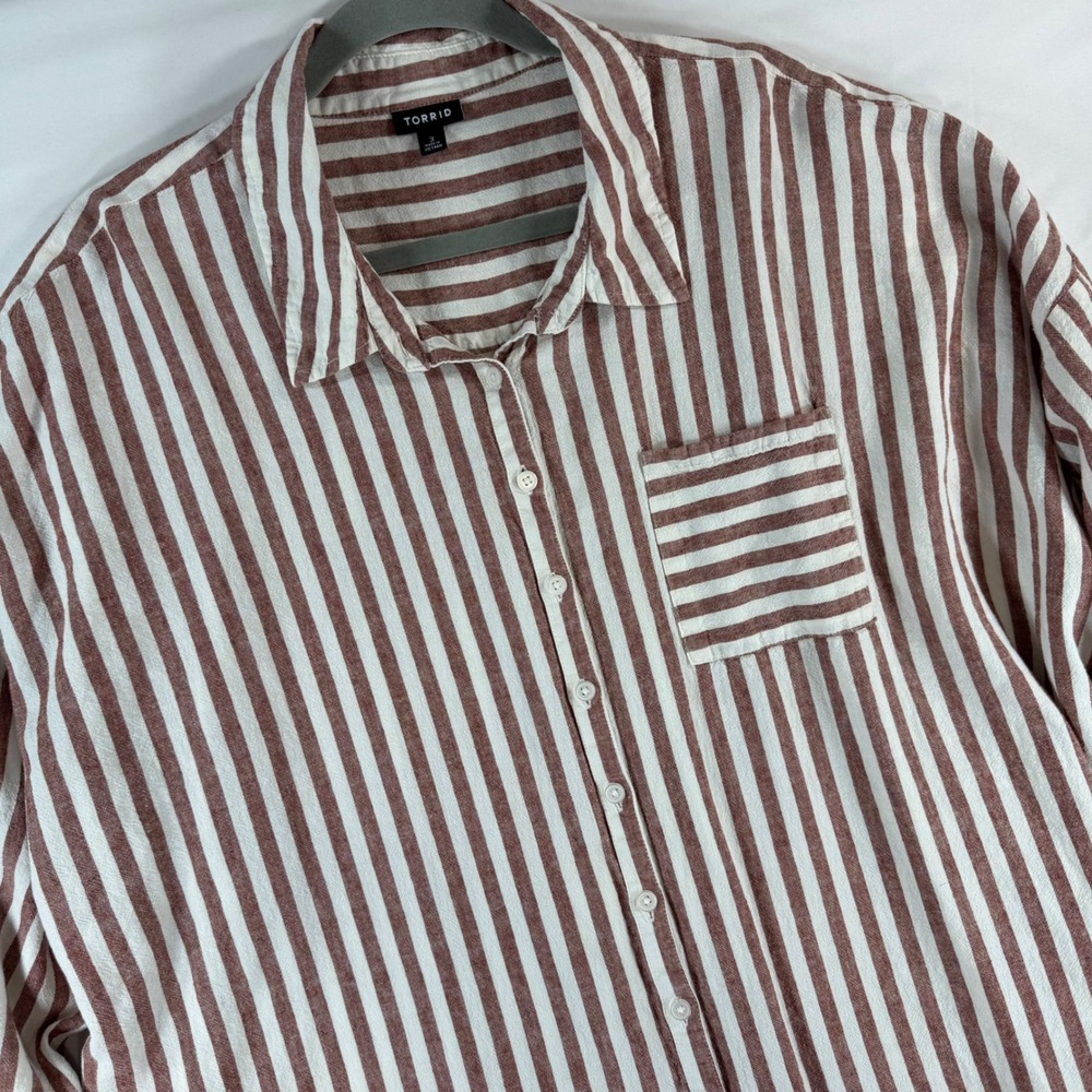 Torrid Womens Plus Size 3 Linen Blend Striped Long Sleeve Button Down Shirt Red